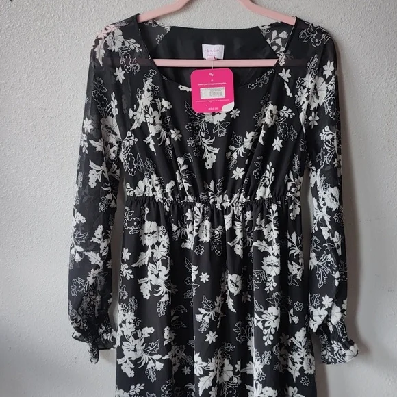 Isabel Maternity Black and White Floral Long Sleeve Dress NWT Size S Sheer Lined - Picture 2 of 9